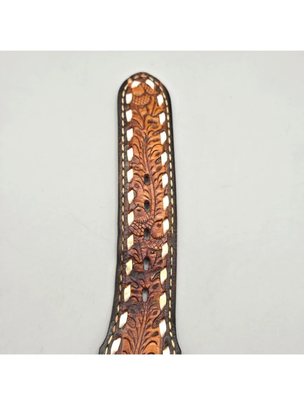 Vintage Justin Tooled Top Grain Cowhide Leather Belt Acorn Leaf Design Western